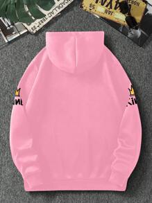 Manfinity Hypemode Men's Letter Print Drop Shoulder Long Sleeve Drawstring Hoodie Sweatshirt, Autumn/Winter - Pink - View 2