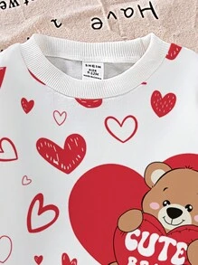 女婴可爱熊心印花圆领运动衫，情人节 - 白色 - 查看 3