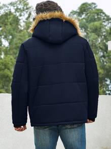 Manfinity Homme 宽松版型大码男式翻盖口袋毛绒装饰连帽冬季大衣 - 藍色 - 查看 2