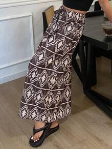 DAZY Falda de línea A con cintura elástica y estampado floral, falda de estilo bohemio para resort de mujer, ropa de verano y otoño - Marrón - Ver 5