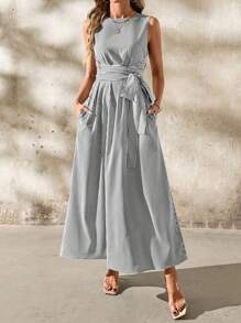 SHEIN Clasi 女士亚麻条纹圆领腰结口袋无袖宽松休闲连衣裙，适合各种场合穿着，休闲通勤和旅行 - 黑與白 - 查看 6