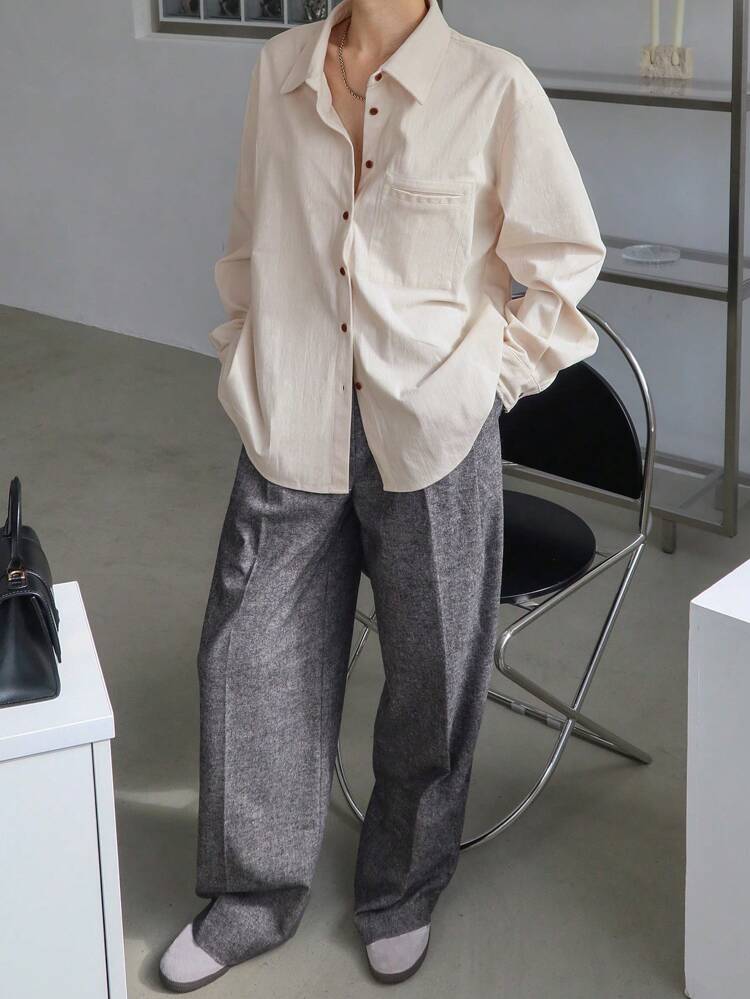 Loose Solid Color Minimalist Design Pocket Long Sleeve Shirt For Women,Fall Women Clothes Business Casual Woman Work Clothes