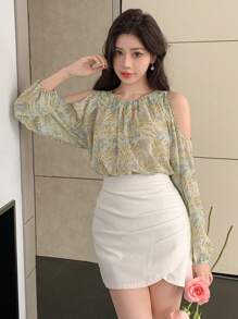 DAZY Ditsy Floral Vacation Blouse, Loose Fit Open Shoulder Long Sleeve Shirt For Women, Spring/Summer,Fall Clothes Graphic Tee - Green - View 3