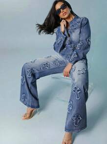 Denimoi Fashion Cross Patch Washed Wide Leg Jeans - Medium Wash - View 3