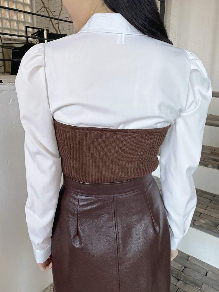 Women's Contrast Color Block Turndown Collar Long Sleeve 2 In 1 Top, White, Spring/Summer/Autumn