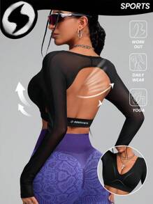 Innovista Innovista Women's Black Summer Athleisure Gym Skinny Fit Backless Push Up Breathable Mesh Cut Out Sports Long Sleeve T-Shirt,Workout Crop Tops, Party Outfit - Black - View 3
