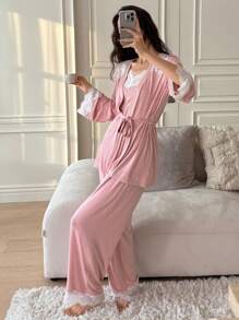 DAZY 3pcs Lace Patchwork Robe, Cami & Long Pajama Pants Set, Spring - Pink - View 5