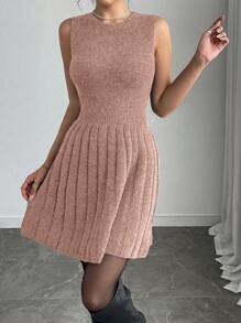 Chiquease 女式纯色长袖单排扣开衫，带褶边圆领无袖毛衣连衣裙 2 件套，秋冬