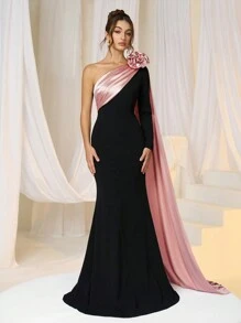 SHEIN Belle Women's Knit Black Contrast Stereo Floral Mermaid Hem Evening Party Dress, Wedding Guest Dress, Prom Dress - Pink - View 5