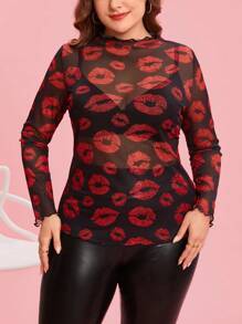 SHEIN Clasi Top transparent à manches longues avec imprimé lèvres, élégant et grande taille. Mode minimaliste pour le port quotidien, idéal pour la Saint-Valentin