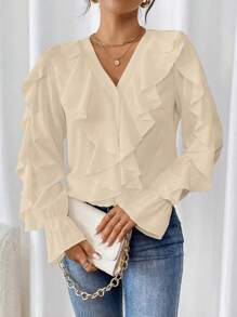 SHEIN Clasi Blusa elegante de mujer con cuello y puños volados de unicolor