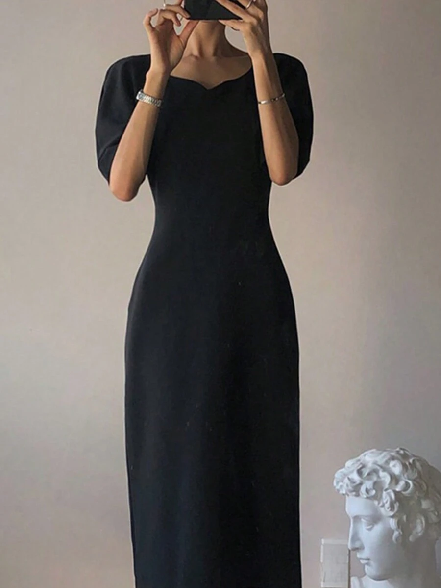 DAZY 女士纯色垂坠领收腰修身中长连衣裙，春夏优雅女装工作服，婚礼礼服 - 黑色 - 查看 1