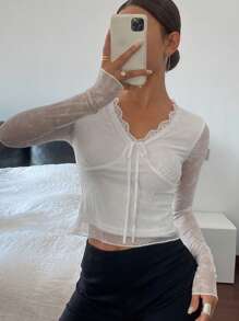 DAZY Solid Color Fitted Long Sleeve Contrast Lace Bowknot Blouse For Women, Spring/Summer Sheer,Fall Clothes - White - View 3