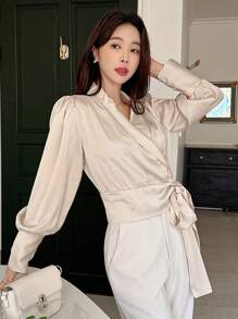 DAZY Einfarbige, locker sitzende Bluse mit langen Ärmeln und Schleife für Damen, geeignet für Frühling, Sommer und Herbst - Aprikosenfarben - Übersicht 9