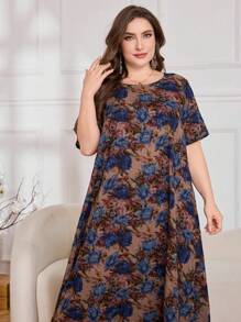 Lacomfia Vestido casual de talla grande de manga corta, corte holgado, estampado floral, para primavera/verano - Multicolor - Ver 6