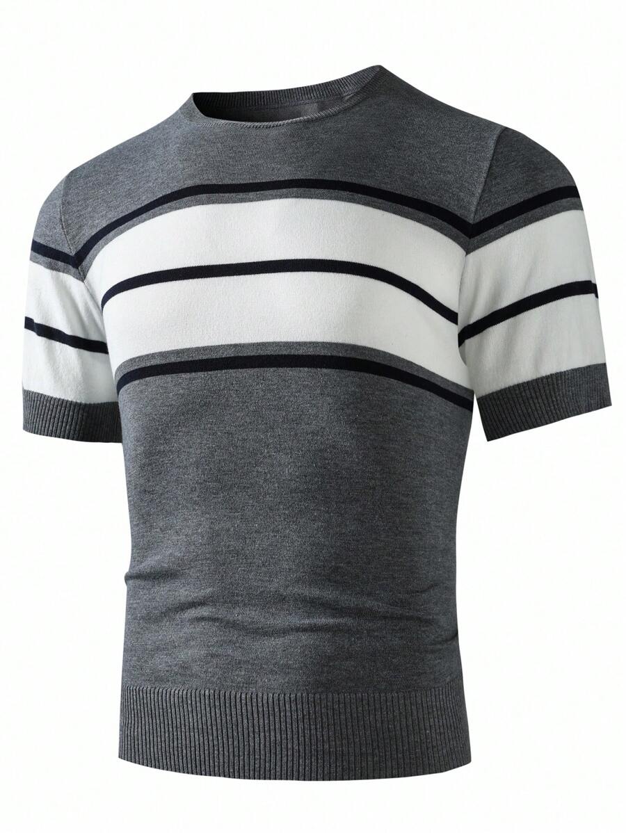 Manfinity Homme Suéter tejido de manga corta con rayas de contraste para hombre, de estilo informal - Gris Oscuro - Ver 1