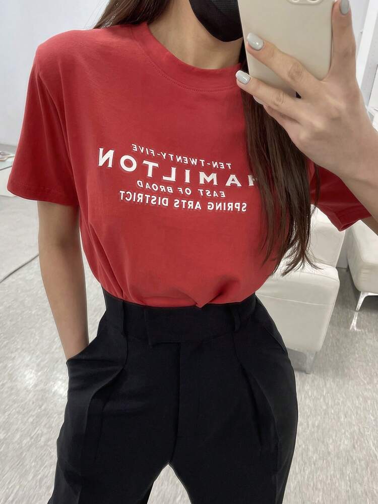 Women's Letter Print Round Neck Short Sleeve Basic T-Shirt, Spring/Summer,Graphic Tees