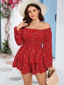 SHEIN VCAY Plus Size Romantic Red Heart Print Ruffle Long Sleeve Cinched Waist Jumpsuit With Double Ruffle Hem, For Valentine's Day - Red and White - View 1