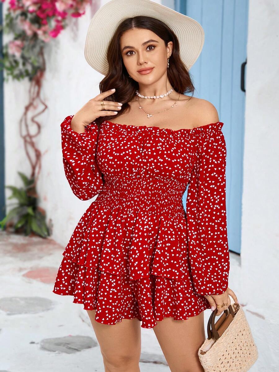 SHEIN VCAY Plus Size Romantic Red Heart Print Ruffle Long Sleeve Cinched Waist Jumpsuit With Double Ruffle Hem, For Valentine's Day - Red and White - View 1