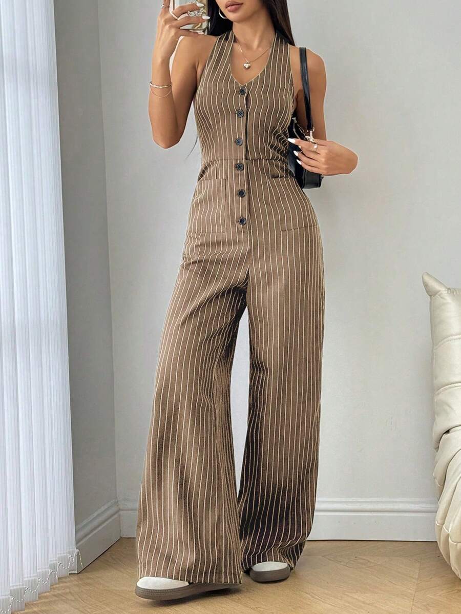 Flirla 前条纹纽扣后系带休闲连体裤