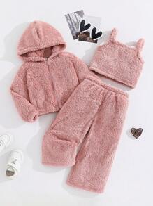SHEIN 3-Piece Set: Knit Solid Color Furry Vest + Knit Cropped Hooded Cardigan + Knit Loose Fit Long Pants For Young Girls