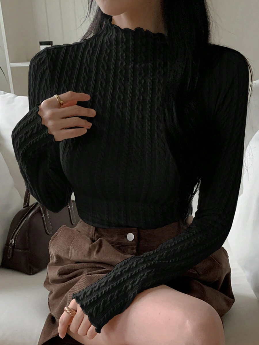 DAZY Spring New High Neck Fitted Women Office Wear T-Shirt Long Sleeve Women Tops,Fall Women Clothes