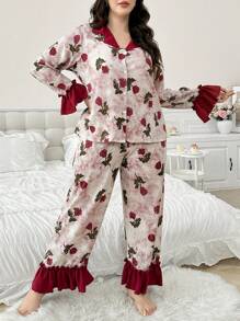 CottageSlumber Bộ đồ ngủ tay dài phối ren phối màu cỡ lớn cho nữ, quần dài, họa tiết hoa hồng, trang phục thu đông - Màu Đỏ Sâu - Xem 6