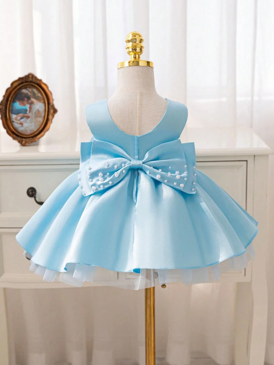 Glamorique Kids Váy công chúa lưới in hình ông già Noel màu trắng dự tiệc Giáng sinh cho bé gái, Váy phù dâu cưới màu trắng thanh lịch có nơ lớn đính cườm thủ công, Váy công chúa dự tiệc sinh nhật - Màu xanh lam - Xem 1