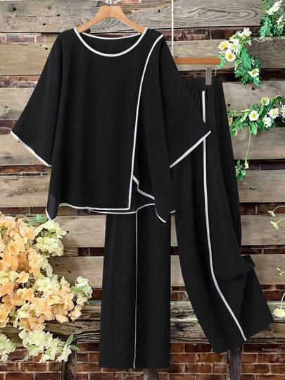 SHEIN CURVE+ Plus Size Casual Lös Skarv Trim 2 delar Set, för sommaren