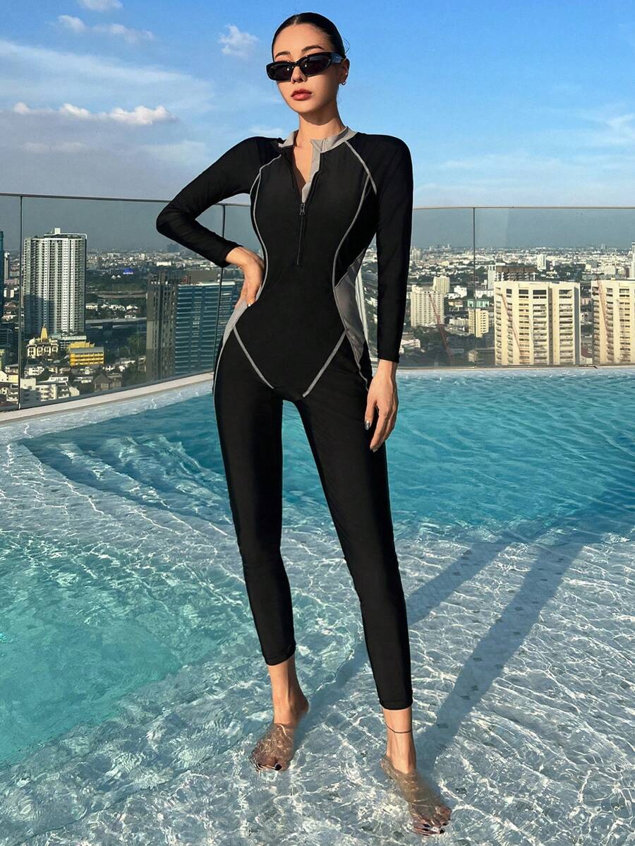 DAZY Bộ đồ bơi liền thân thể thao Colorblock dành cho nữ, giản dị và sang trọng để mặc hàng ngày - màu đen - Xem 1