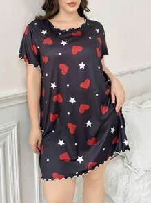 Heart And Star All Over Print Ruffle Hem Plus Size T-Shirt Nightgown - Black - View 1