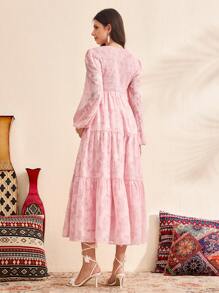 SHEIN Puff Sleeve Jacquard Waist Maternity Dress, Pink - Pink - View 2
