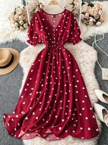 SHEIN LUNE Exquisite & Elegant  Plus Size Boho Heart Print V Neck Shirred Cinched Waist Heart Valentine's Love Dress, For Summer - Red - View 1