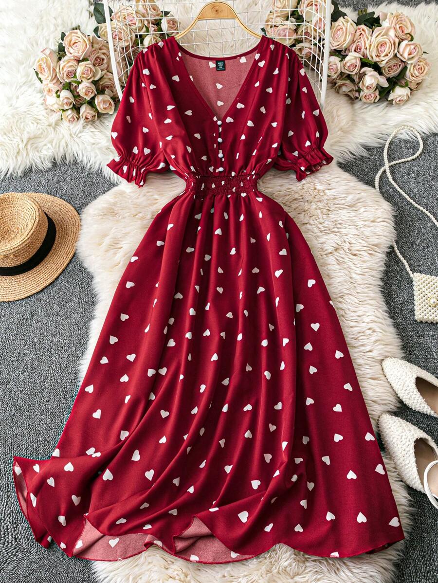 SHEIN LUNE Exquisite & Elegant  Plus Size Boho Heart Print V Neck Shirred Cinched Waist Heart Valentine's Love Dress, For Summer - Red - View 1