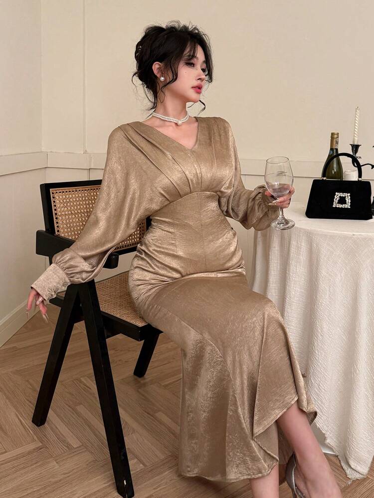 Women's Mid-Length Long Sleeve Solid Color Casual Simple Dress, Everyday Wear Elegant Wedding Women Dresses Maxi Dress