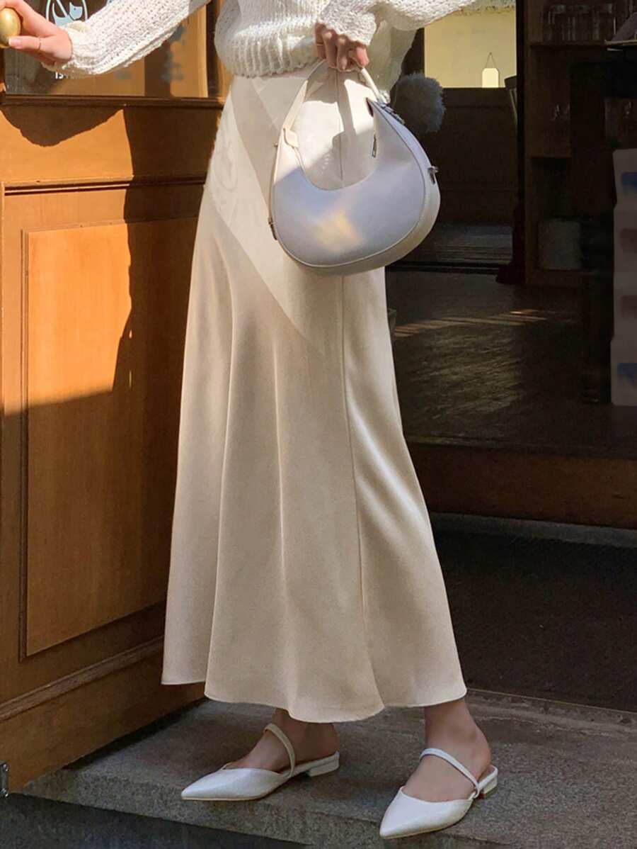 DAZY 女士纯色A字鱼尾半身裙，米色，四季皆宜的秋季半身裙 - 杏色 - 查看 1