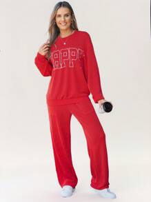 SHEIN LUNE Set de 2 piezas compuesto por sudadera con cuello redondo, estampado de letras y hombros caídos, talla grande pantalones de cintura elástica y pierna ancha para mujeres