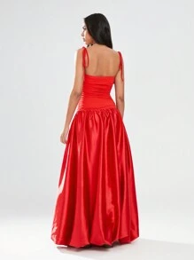 SHEIN Unity 1 件女士长款休闲红色鸡尾酒会连衣裙，细肩带，简约腰部低腰百搭连衣裙，适合日常、休闲、性感情人节 - 紅色 - 查看 2