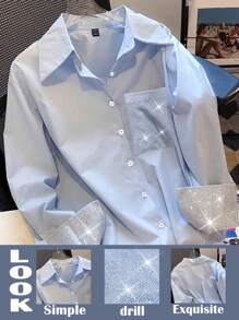 GlowEve Standard Size Women Casual Loose Rhinestone Embellished Detail Sky Blue Button-Up Shirt, Spring & Autumn Fall Cloth For Women - Blue - View 1