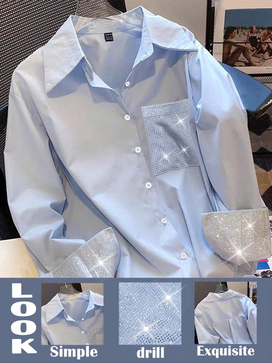 GlowEve Standard Size Women Casual Loose Rhinestone Embellished Detail Sky Blue Button-Up Shirt, Spring & Autumn Fall Cloth For Women - Blue - View 1