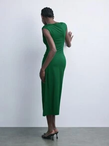 Maija Autumn/Winter New Elegant Burgundy Short Sleeve Midi Knit Waist Dress, Suitable For Holiday Parties And Urban Chic - Dark Green - View 7