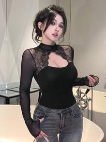 DAZY ملابس علوية نسائية بربطة خلفية من الدانتيل والتصميم المفرغ، مناسبة لعيد الحب، بأكمام طويلة، ملابس علوية خروج للنساء - الأسود - مشاهدة 10