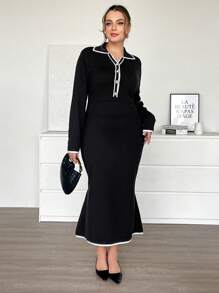SHEIN Essnce Plus-Size Women's Fishtail Dress, Black Wool Dress, Women's Dress, Elegant Women's Dress,New Years Dress Women New Years Dress,Black Fall/Winter - Black - View 5