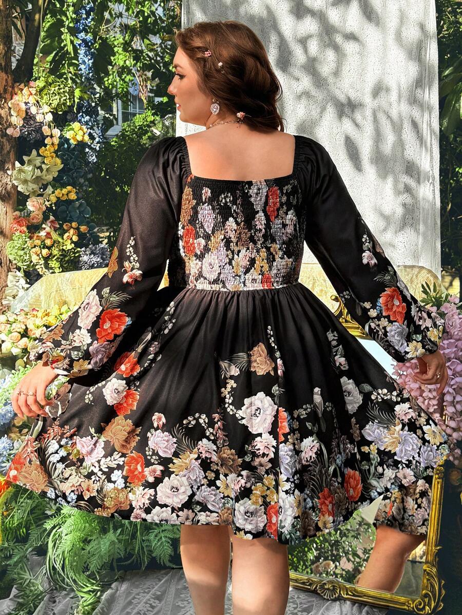 Lyrianda Robe ligne A à taille marquée, col en cœur, manches bouffantes, imprimé floral