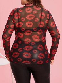 SHEIN Clasi Top transparent à manches longues avec imprimé lèvres, élégant et grande taille. Mode minimaliste pour le port quotidien, idéal pour la Saint-Valentin