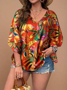 Travachic Blouse ample à encolure en V style bohème avec imprimé floral tropical et manches volantées, pour l'été, grandes tailles