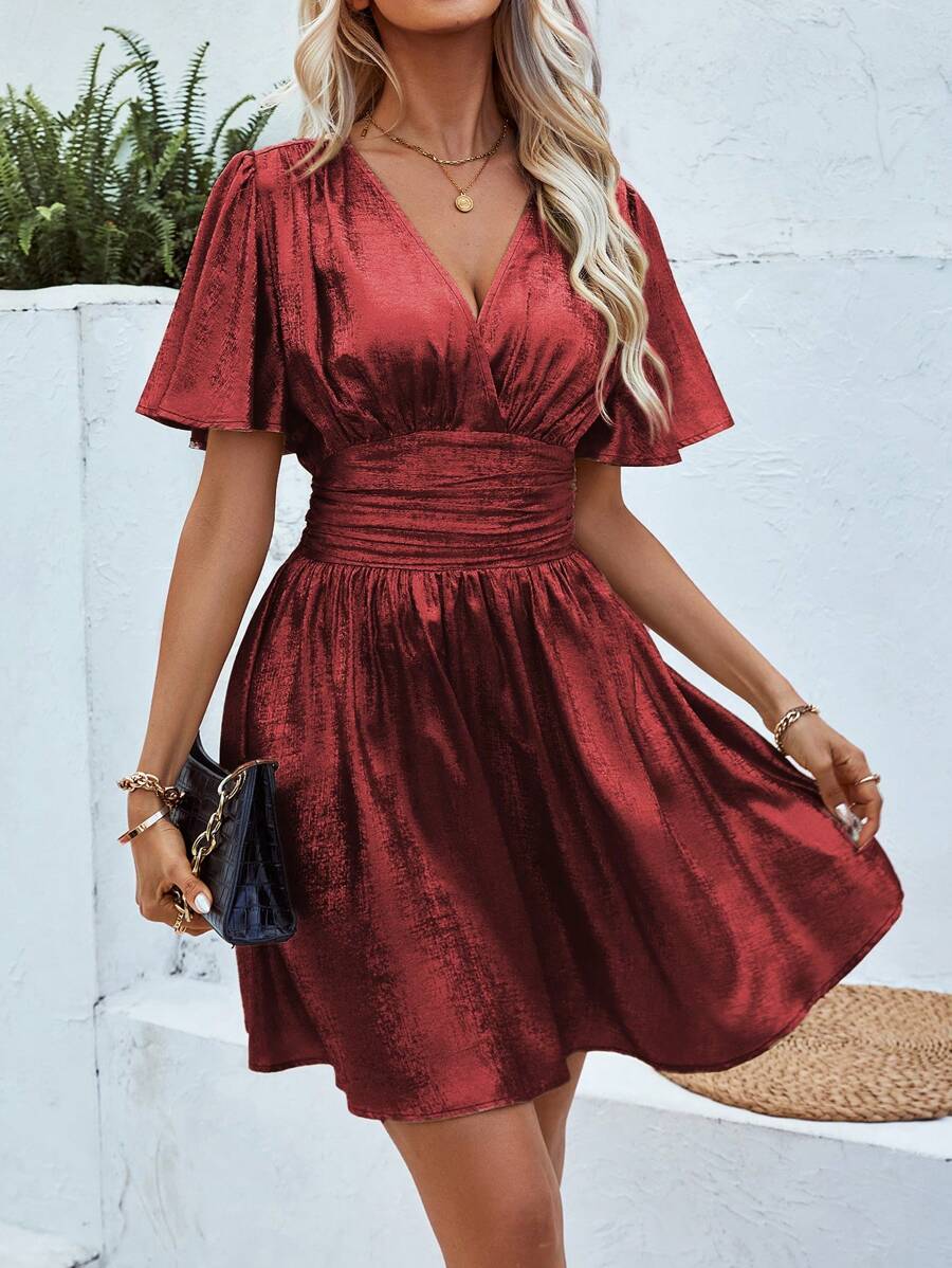 SHEIN Clasi 女士纯色重叠 V 领荷叶边短袖优雅褶皱连衣裙