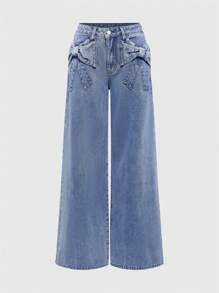 ROMWE Kawaii Jeans larges à jambes amples pour femme avec décor 3D nœud mignon
