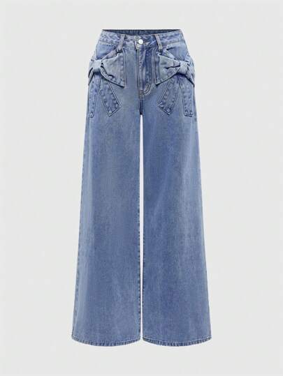 Kawaii Cute 3D Bow Decor Loose Wide Leg Women's Jeans