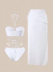 SHEIN Swim 3 pièces Ensembles de maillots de bain Top de gamme pour femmes, décolleté blanc élégant avec décoration de faux perle pour les vacances d'été